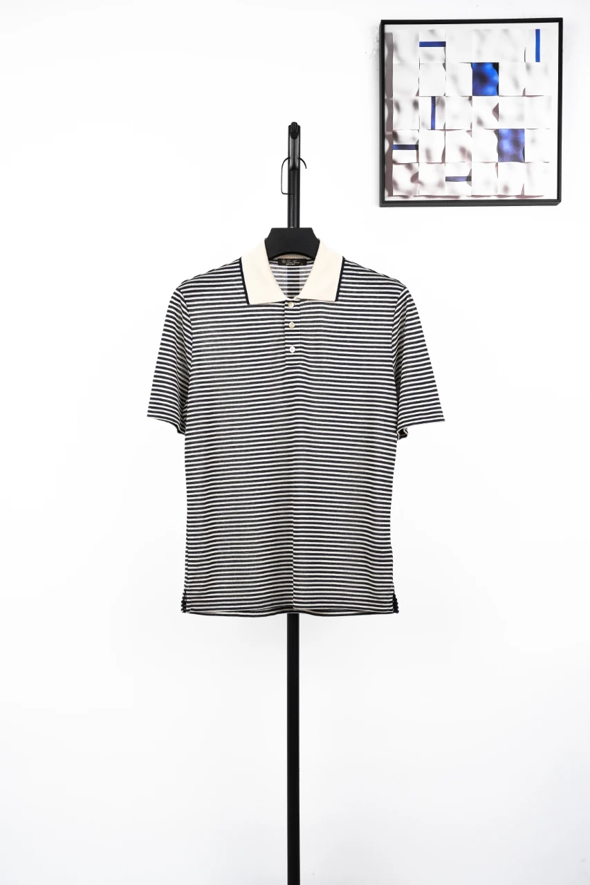 Loro Piana Beige Black Striped Linen Polo Shirt product photo from LabelPicks