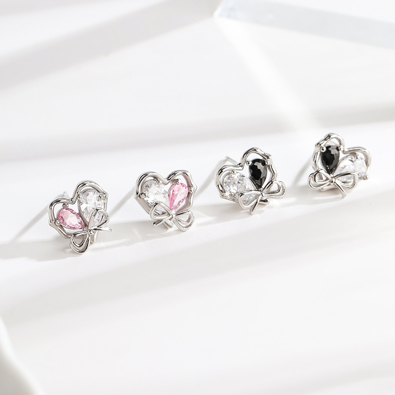 Original thorn knot earrings for women, made of 925 sterling silver, bow-shaped, with pink cubic zirconia, featuring a sweet and cool style, and trendy heart-shaped design
