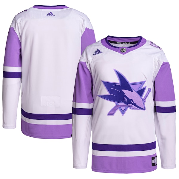 San Jose Sharks adidas Hockey Fights Cancer Primegreen Authentic Blank Practice Jersey - White/Purple