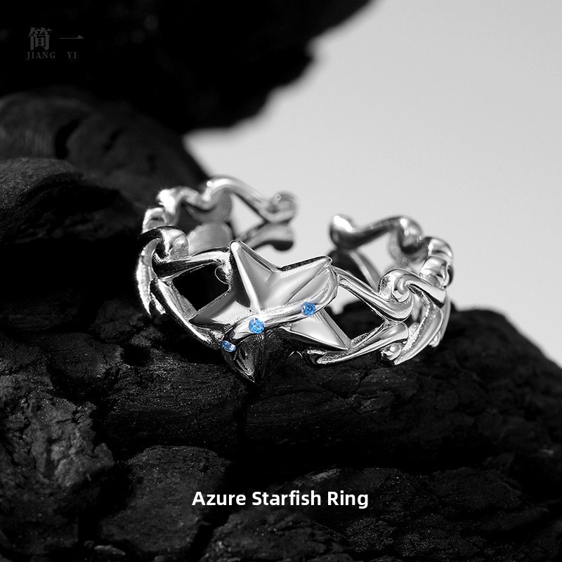 925 sterling silver, turquoise starfish ring, original trendy design, adjustable open ring, unisex, versatile star-shaped ring for the index finger