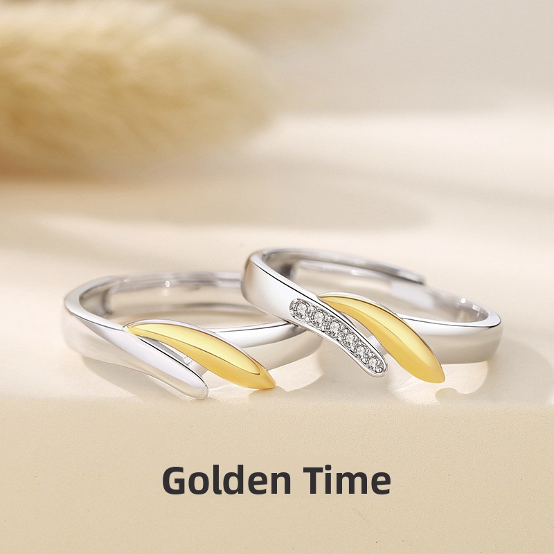 Original design, gold-colored couple rings, 925 sterling silver, a pair of unique wheat-ear rings, perfect as a Valentine's Day gift