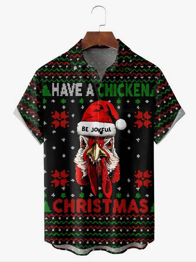 Christmas Rooster Chest Pocket Short Sleeve Hawaiian Shirt