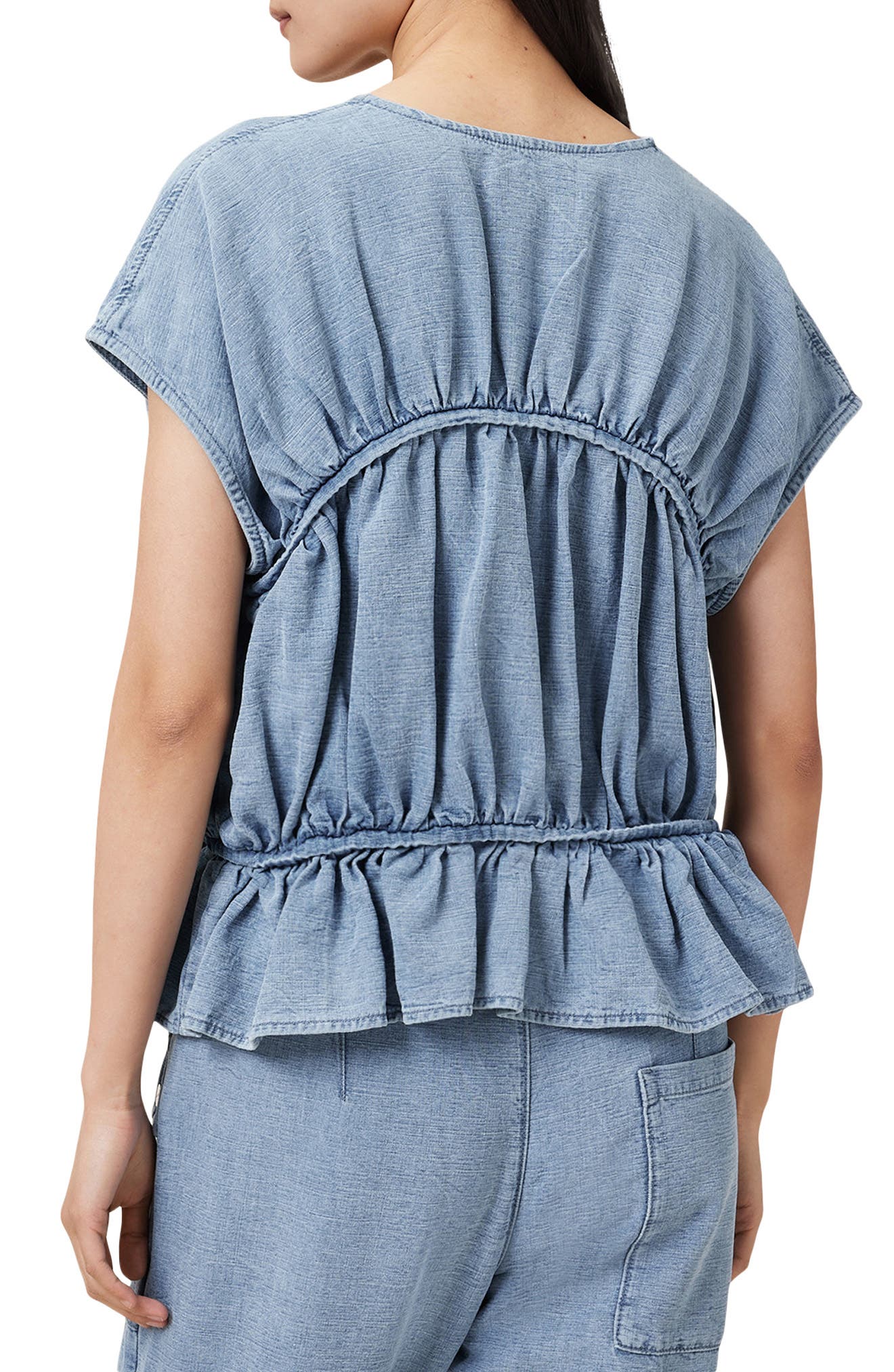 AllSaints Remy Gathered Tie Front Denim Top