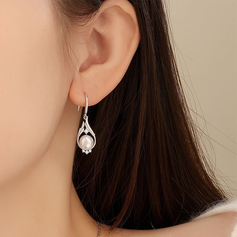Original s925 sterling silver winged guardian ear hook, vintage simple light luxury freshwater pearl earrings with micro-inlaid zirconia