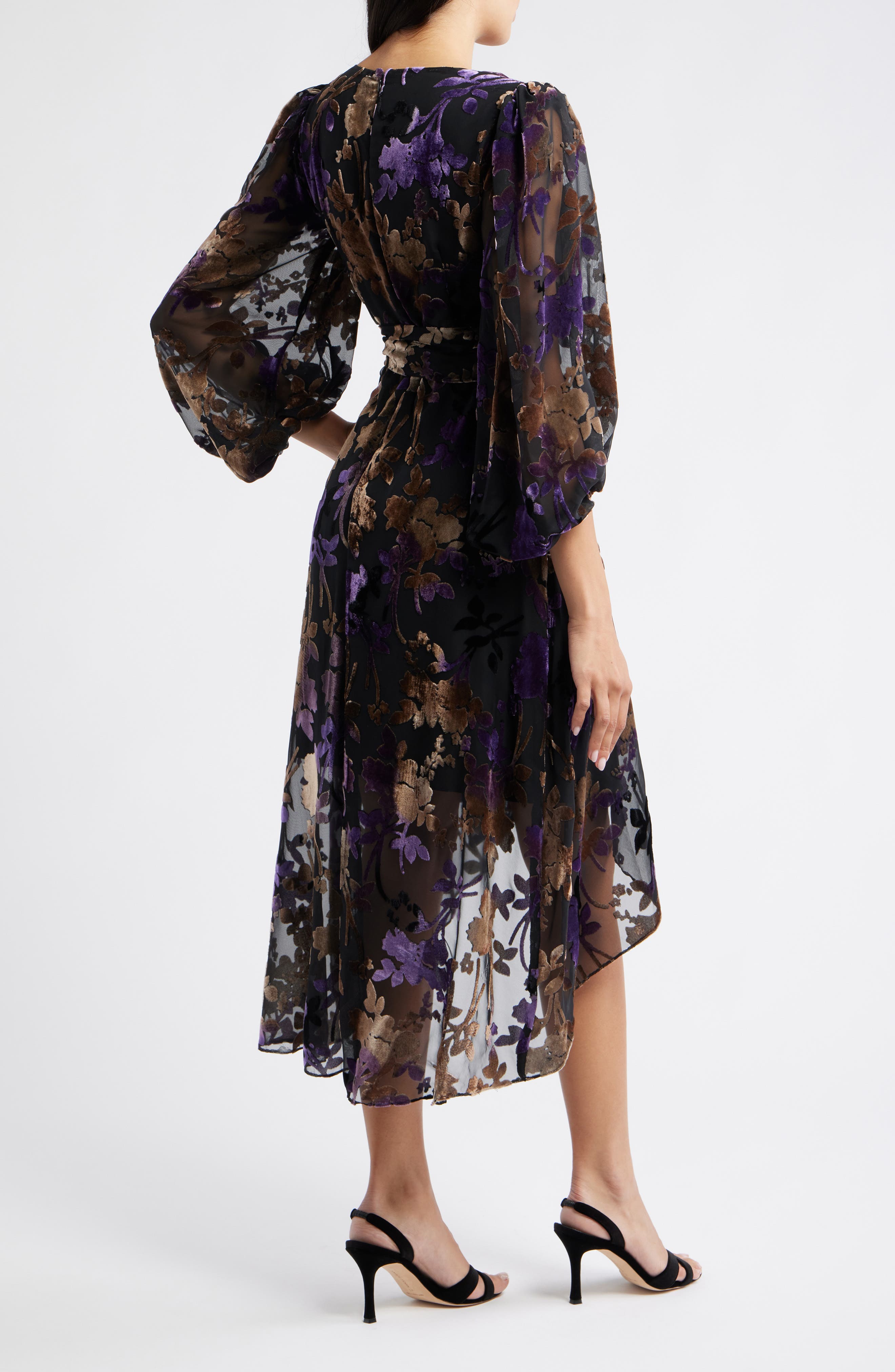 Eliza J Floral Burnout Velvet Puff Sleeve Midi Dress