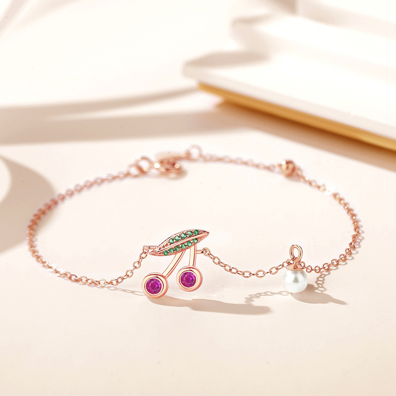 New colorful fruit bracelet, simple and trendy cherry bracelet, micro-paved with diamonds, sterling silver 925