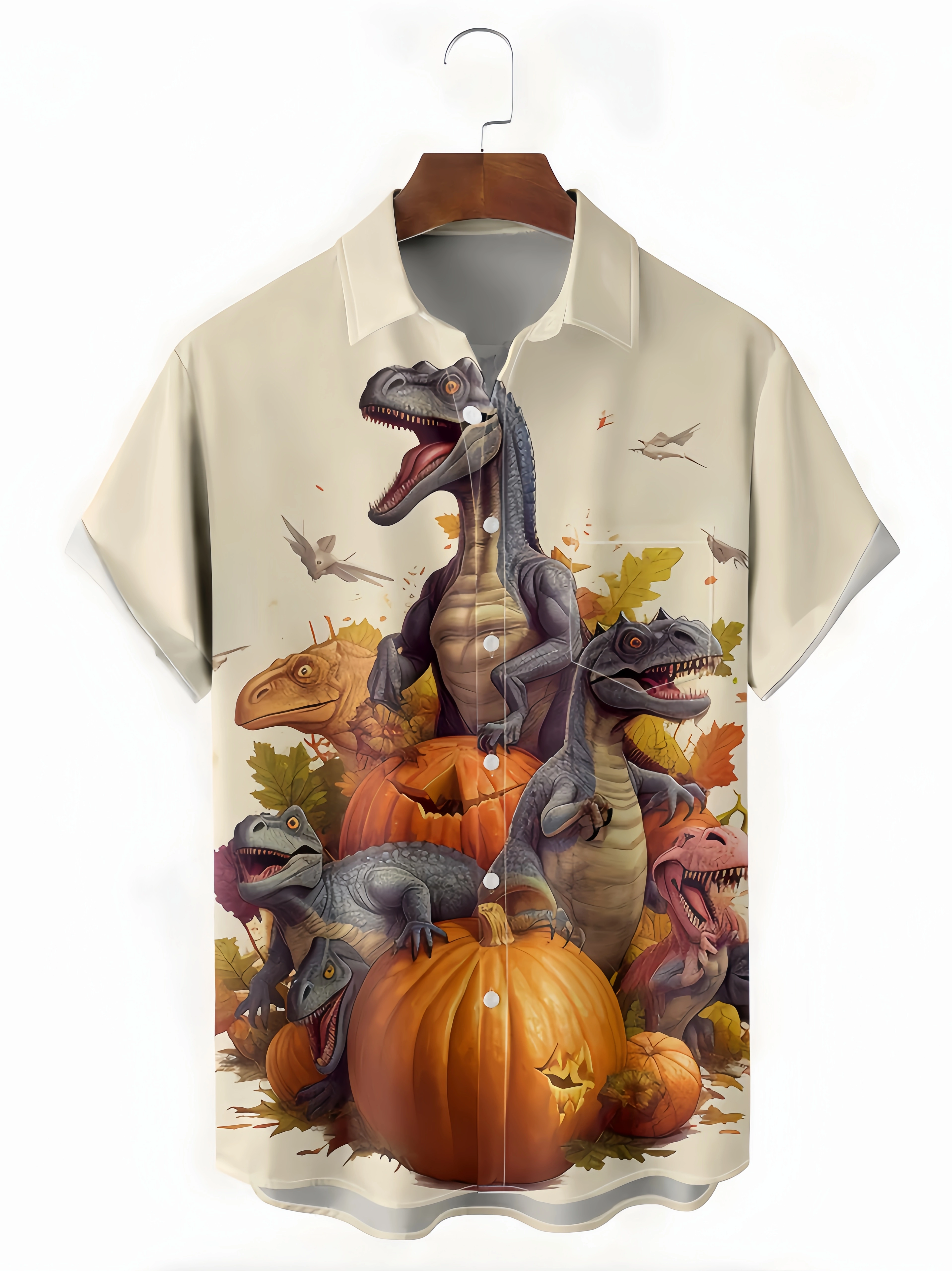 Halloween Dinosaur Pumpkin Maple Leaf Short Sleeve Shirt