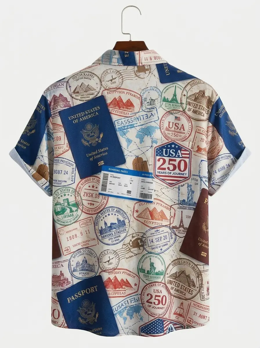 Men's printed shirts, USA 250 Passport Stamp Travel Aloha Shirt