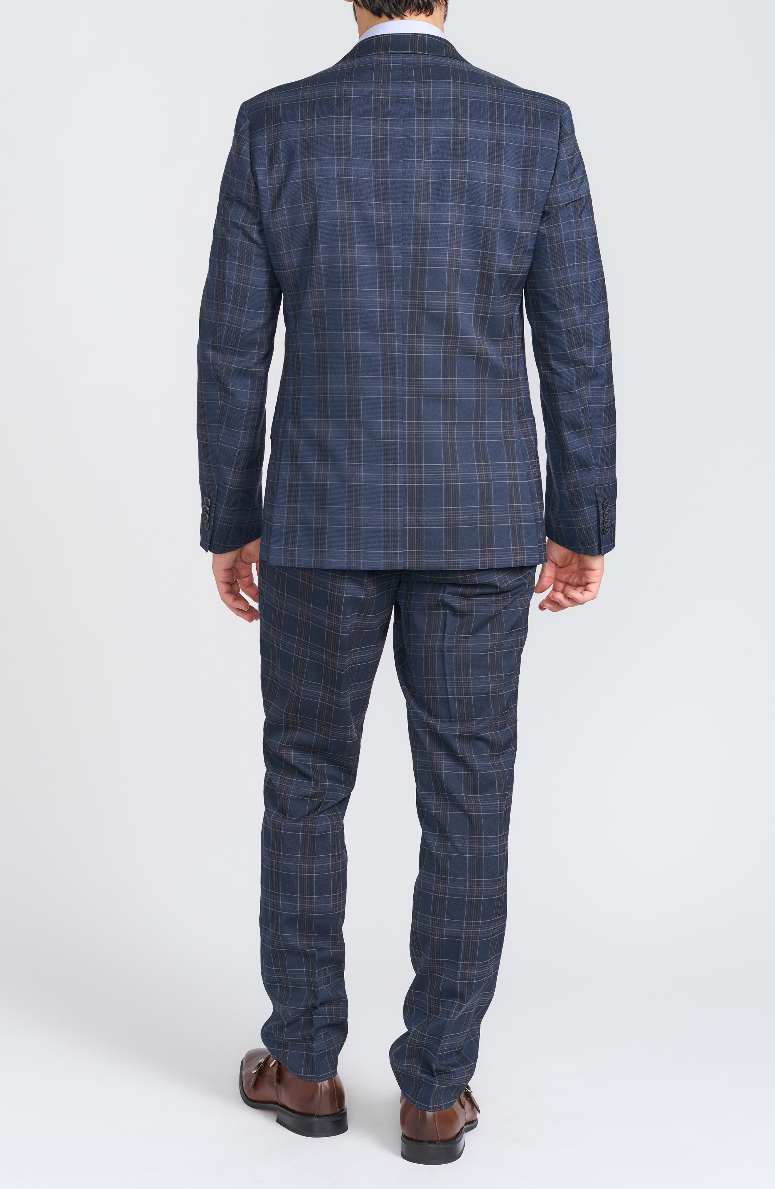 SAVILE ROW CO Navy Plaid Trim Fit Suit