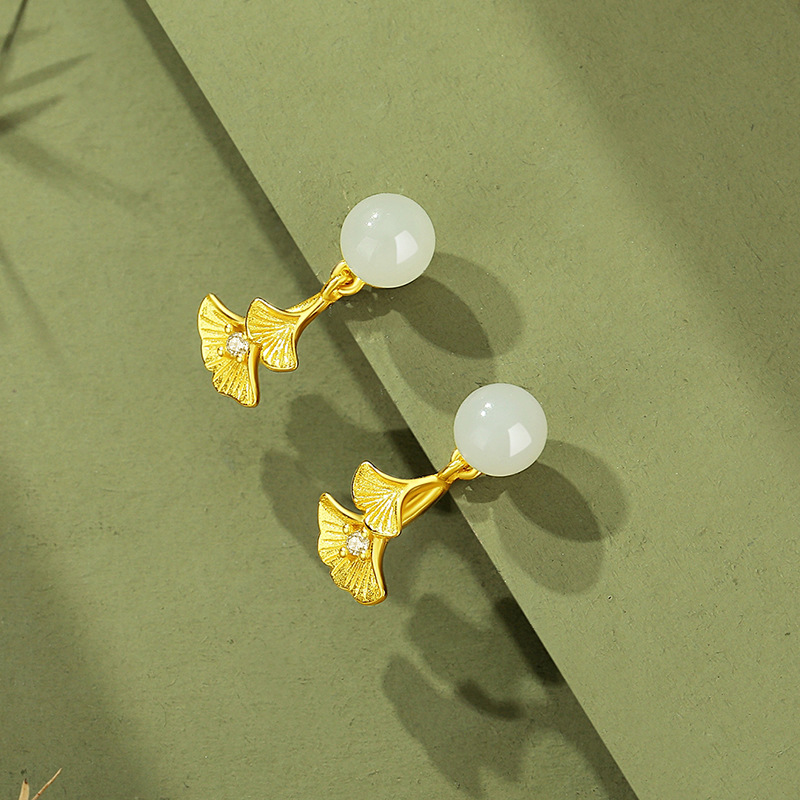 Original small apricot-colored Hetian jade earrings for women, Chinese-style new Chinese silver ginkgo leaf earrings, niche light luxury high-end earrings