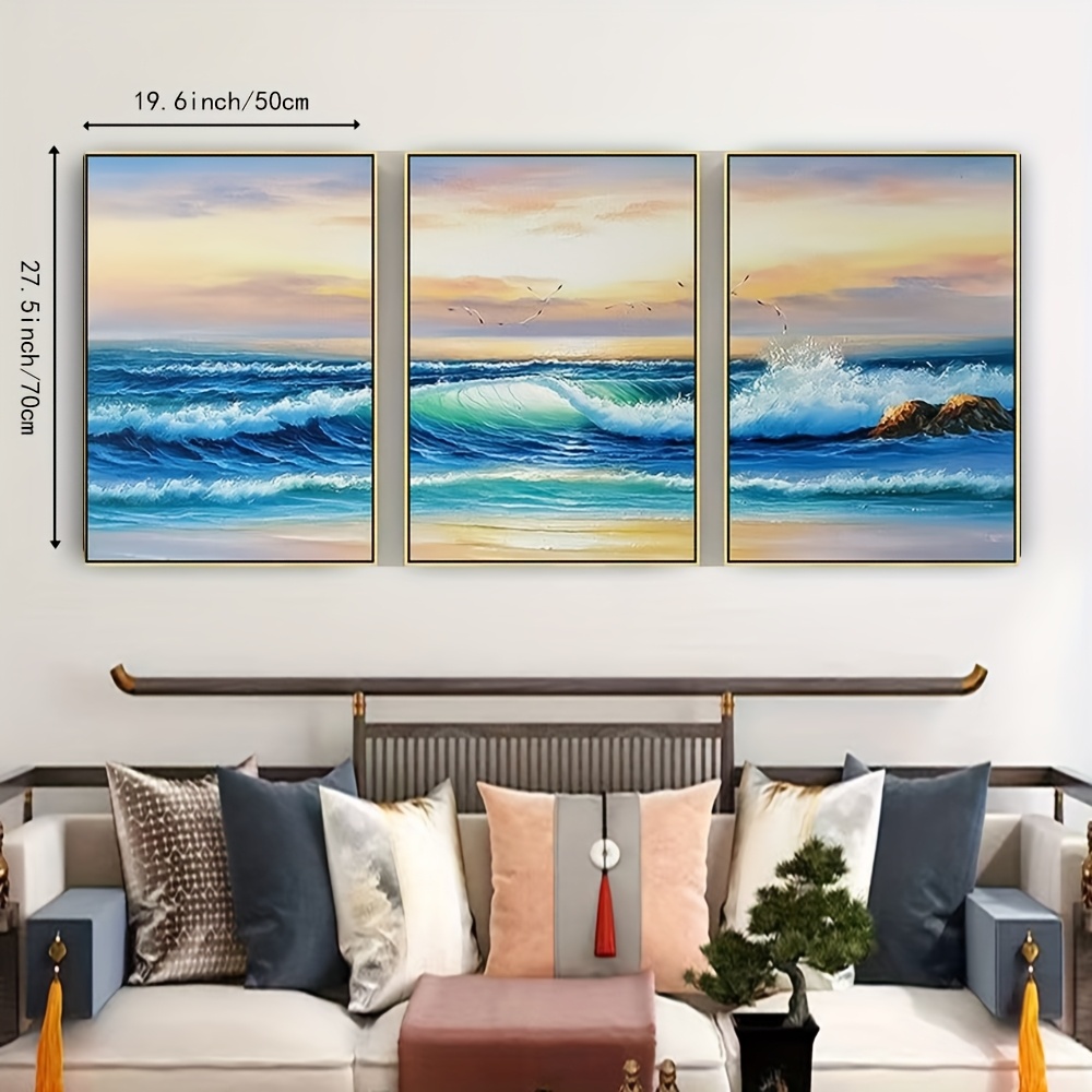 3D/3pcs of Frameless High-Definition Pure Hand-Painted Oil Paintings, a Minimalist Continuous Set of Three Artworks (Abstract Ocean Wave Landscape Art, Knife Craftsmanship Texture, Three-Dimensional Visual Effect), Atmospheric Decoration