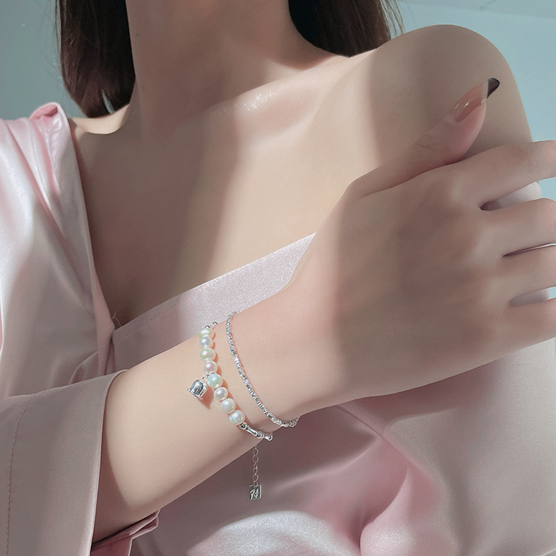 Lily of the Valley Bamboo Link Bracelet for Women, 925 Sterling Silver, Forest Style, French Retro, Versatile Pearl Bracelet, Silver Jewelry