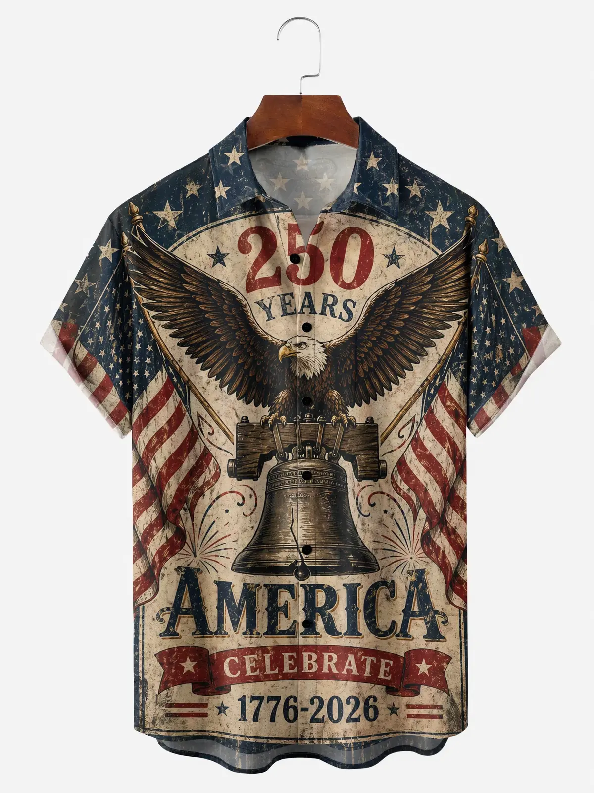 Men's printed shirts, 250 Years America Eagle & Liberty Bell Retro Aloha Shirt