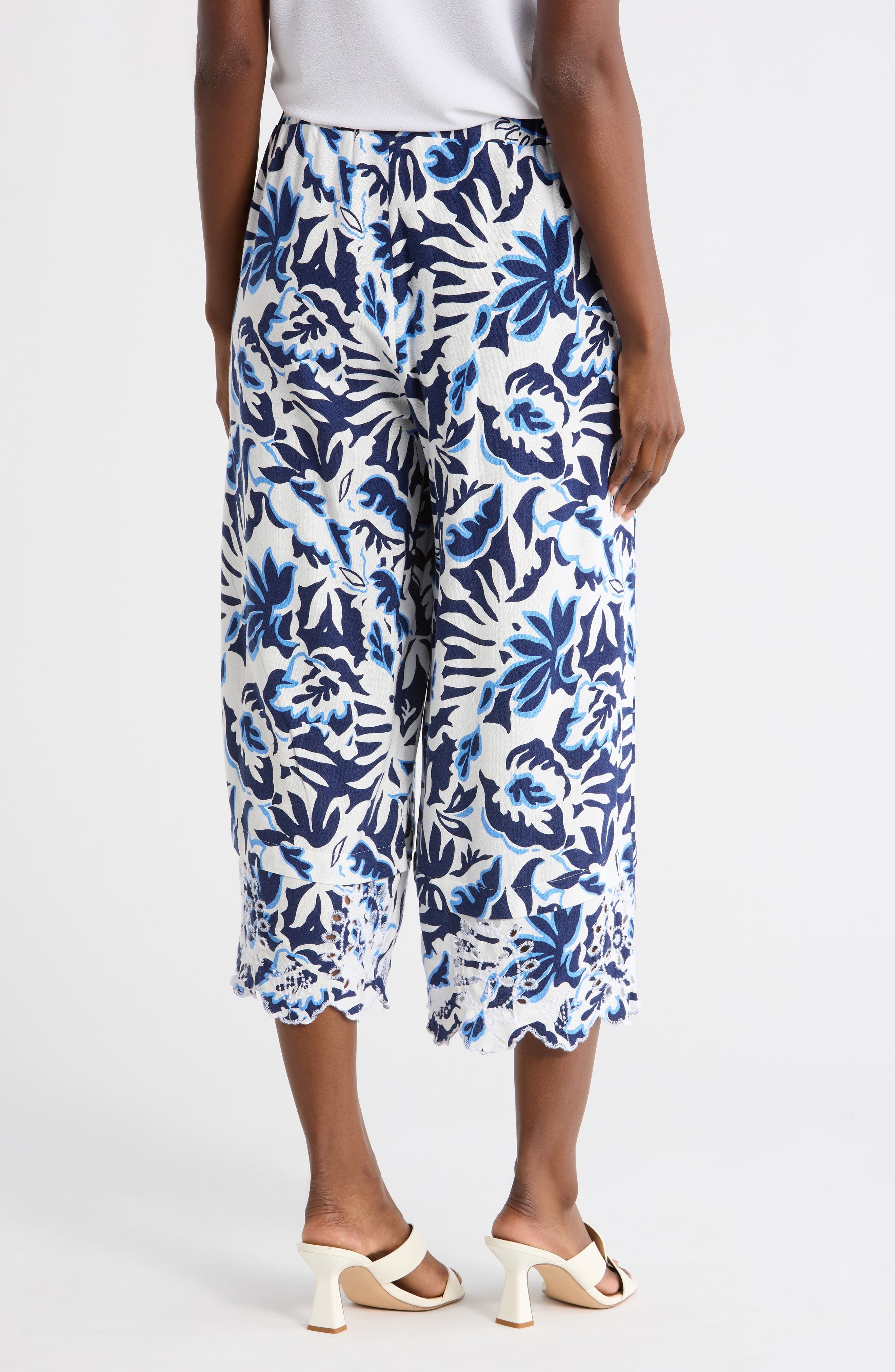 Nicole Miller Embroidered Eyelet Hem Wide Leg Pull-On Pants