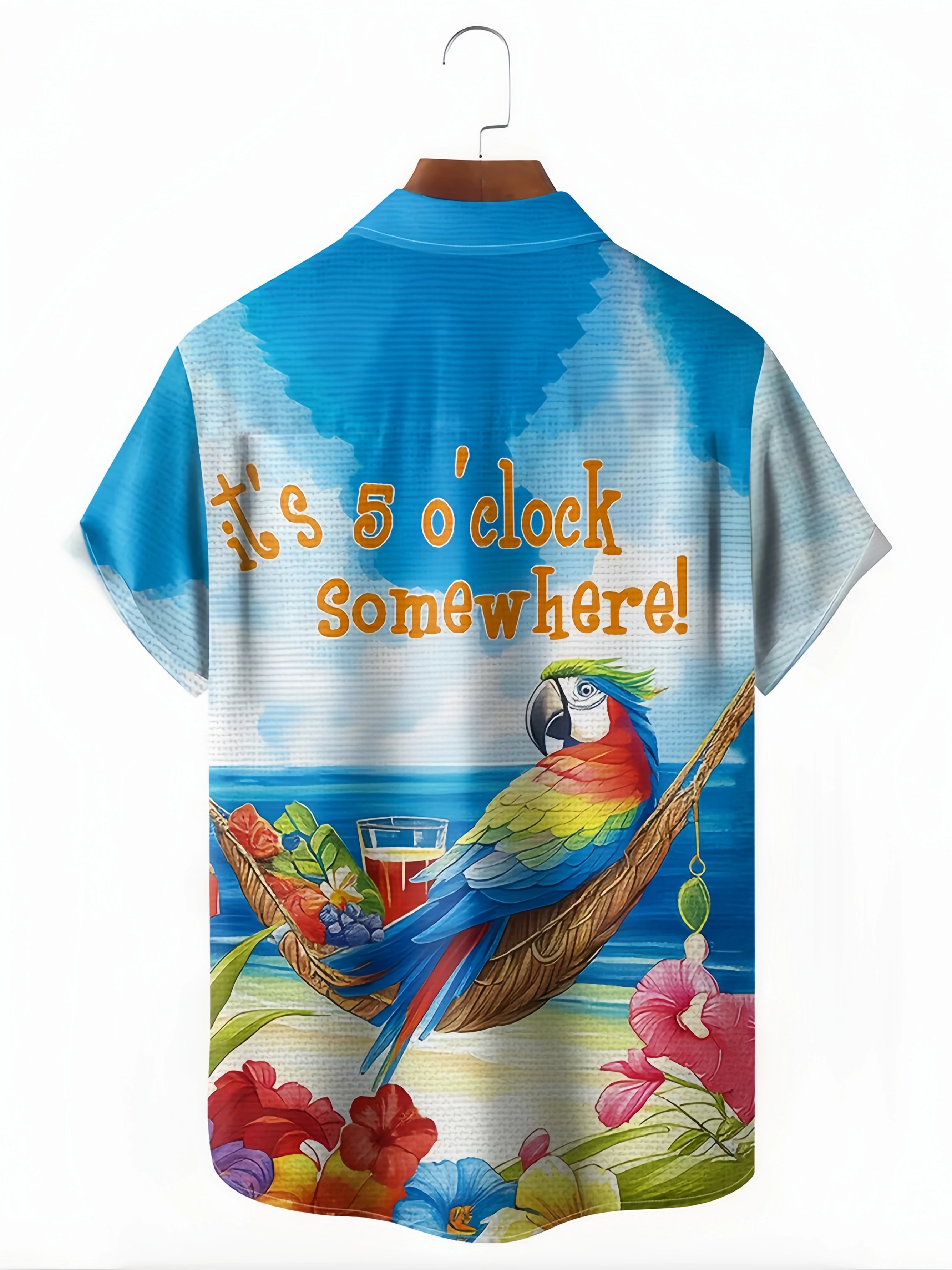 It's 5 O'Clock Somewhere Parrot Chest Pocket Short Sleeve Hawaiian Shirt