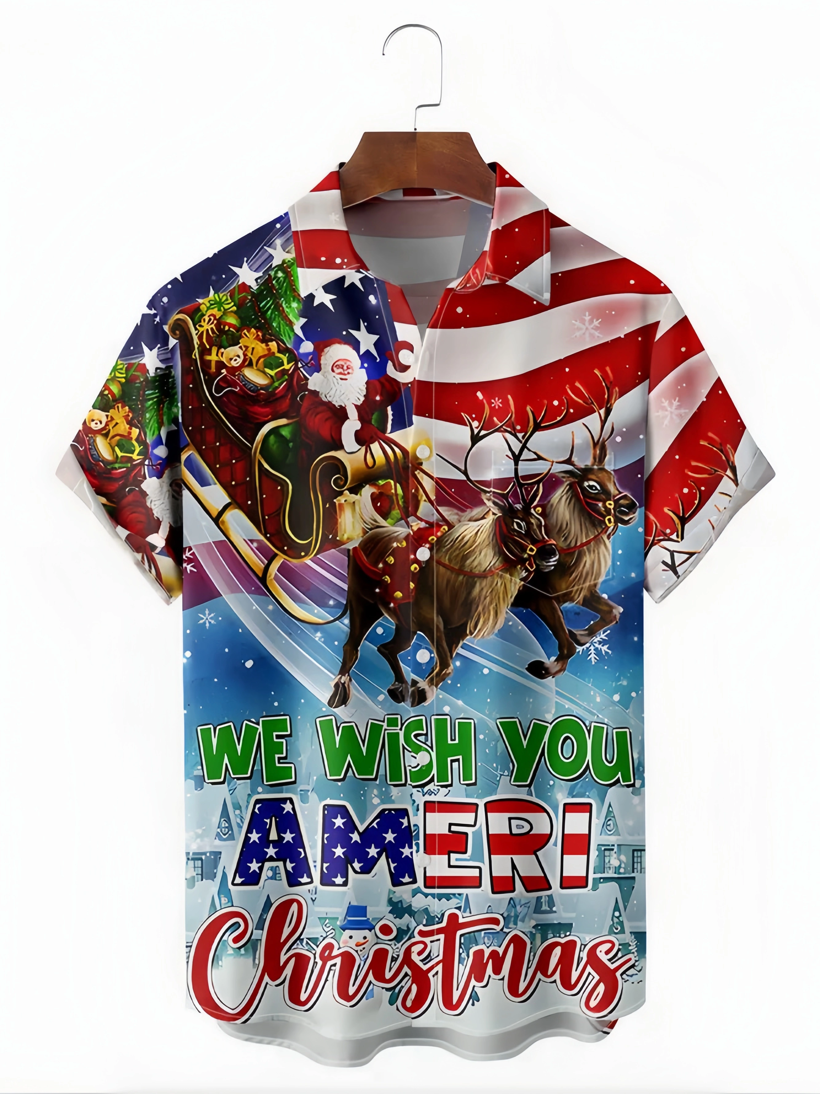 Christmas American Flag Santa Chest Pocket Short Sleeve Hawaiian Shirt