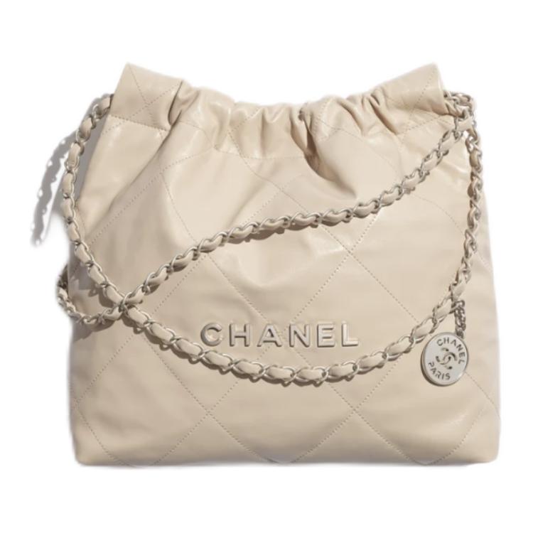 CHANEL 25P 22 Bag with Silver Metallic Quilted Pattern, Leather-through Chain Shoulder Strap, Crossbody Bag, Small Size, Women's Style, Beig
