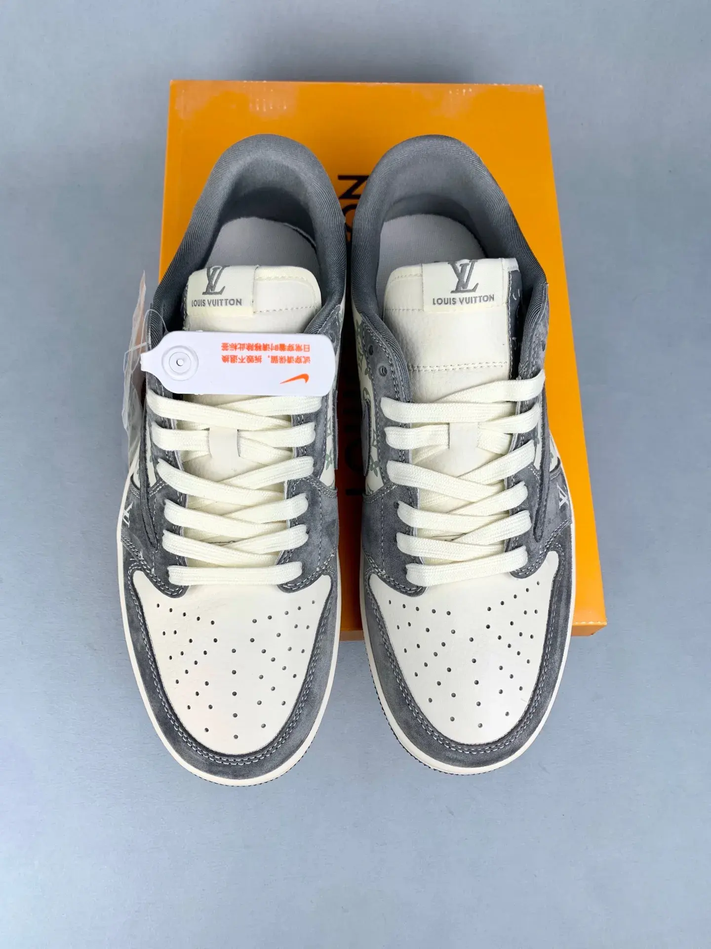 Louis Vuitton-Style Nike SB Dunk Low - White and Grey product photo from LabelPicks