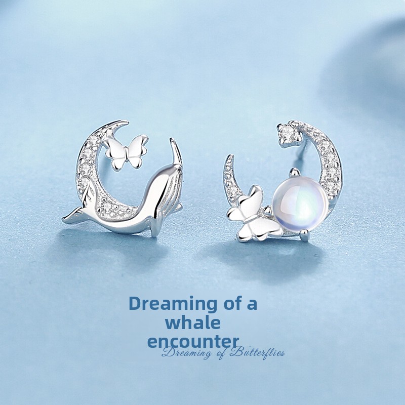 Original Cloud Dream Butterfly Whale Earrings, Sterling Silver, Summer Collection, Delicate Moonstone Whale and Butterfly Earrings, Valentine's Day Gift