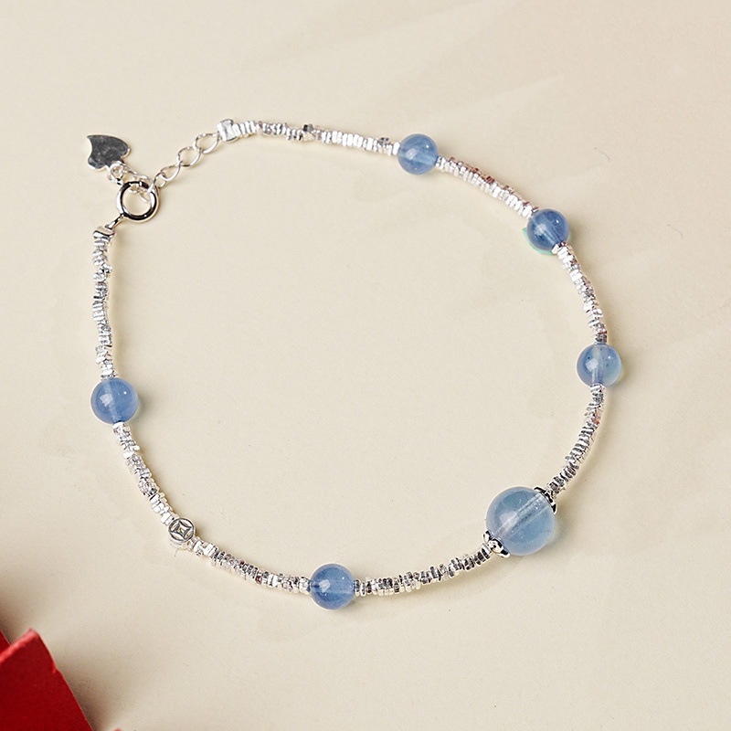 Aquamarine and silver charm bracelet, made of 925 sterling silver, a summer fashion item, with a high-end style and trendy design, perfect as a gift for the Qixi Festival