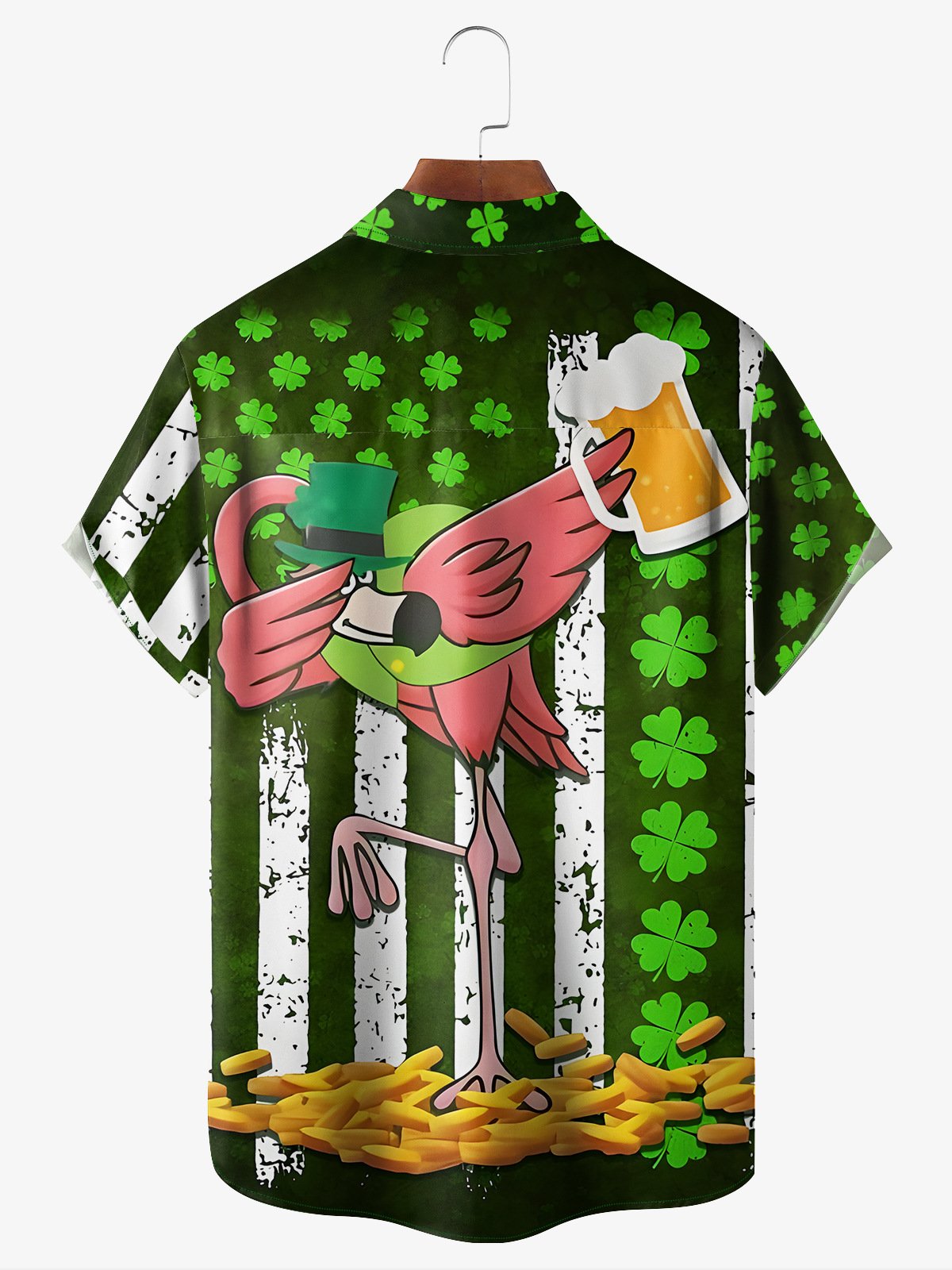 St. Patrick's Day Flamingo Chest Pocket Short Sleeve Casual Shirt