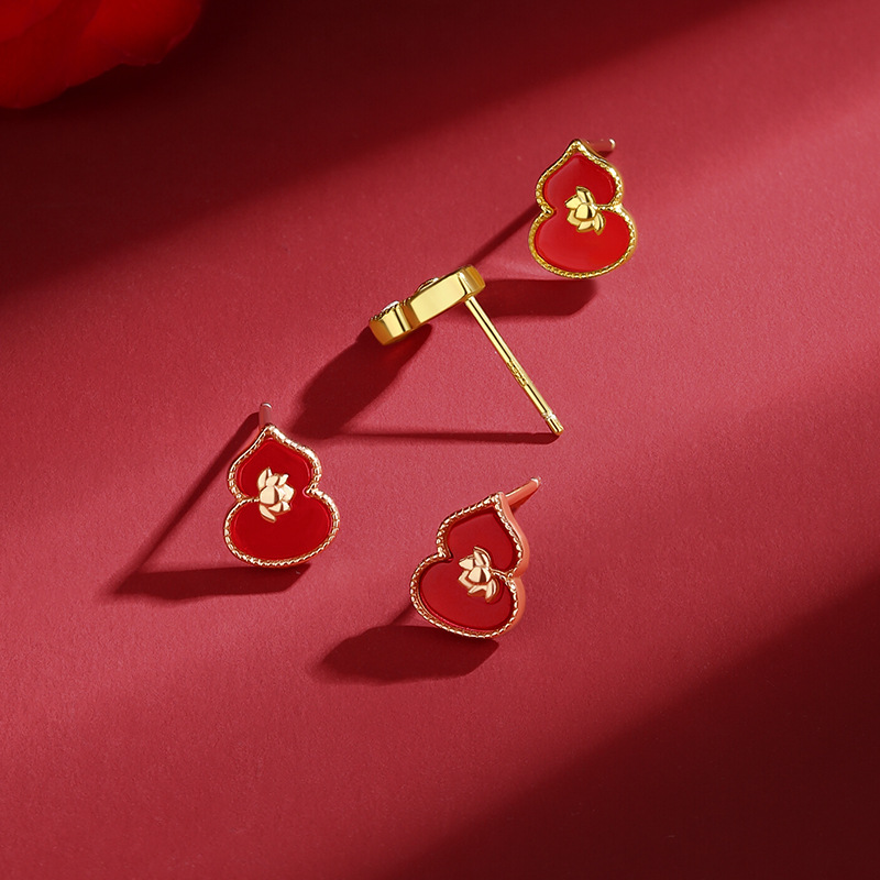 Original red agate fortune gourd earrings for women, pure silver, artistic retro new Chinese style earrings, 18k gold color ear accessories