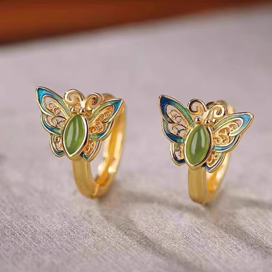 S925 sterling silver filigree green butterfly earrings, simple summer earrings, Chinese-style retro court-style earrings