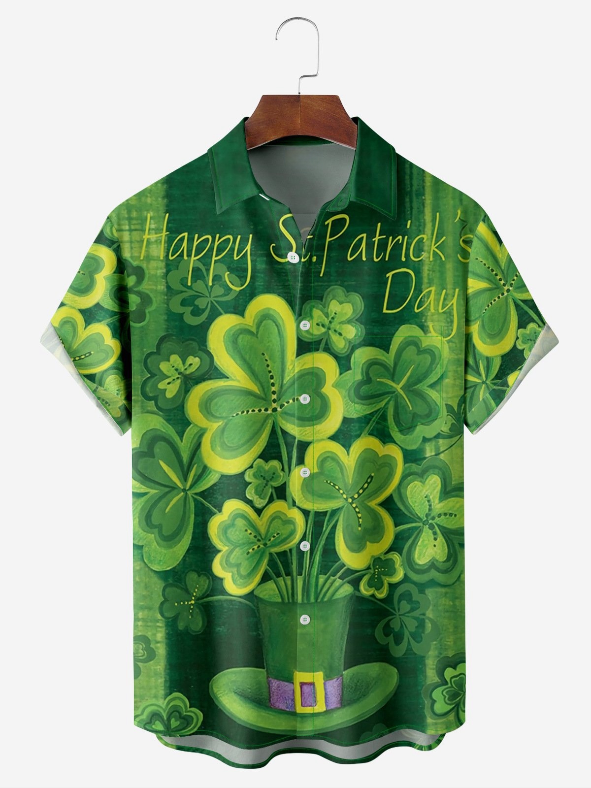 St. Patrick's Day Clover Chest Pocket Short Sleeve Hawaiian Shirt