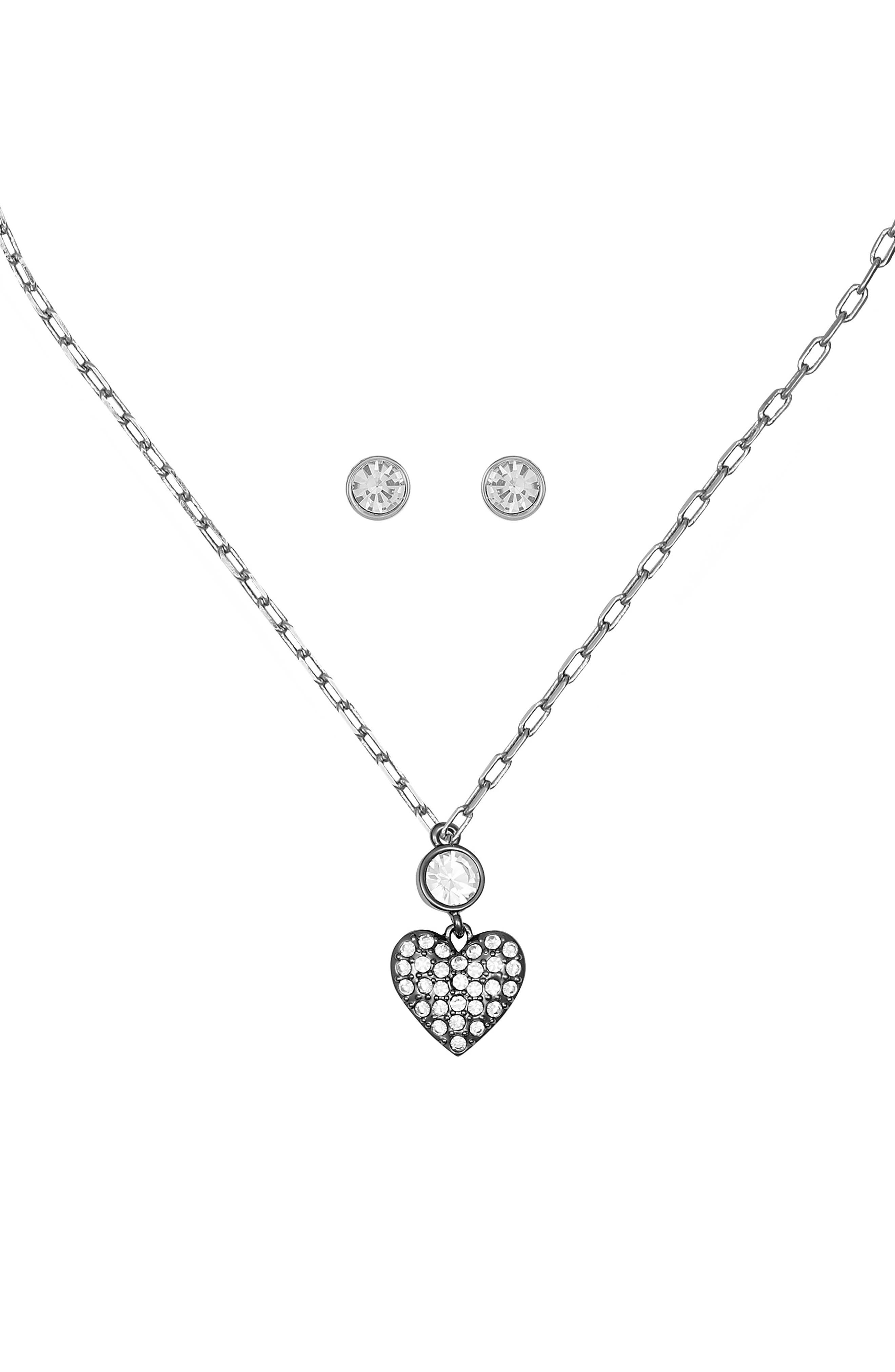 GUESS Crystal Heart Pendant Necklace & Stud Earrings Set