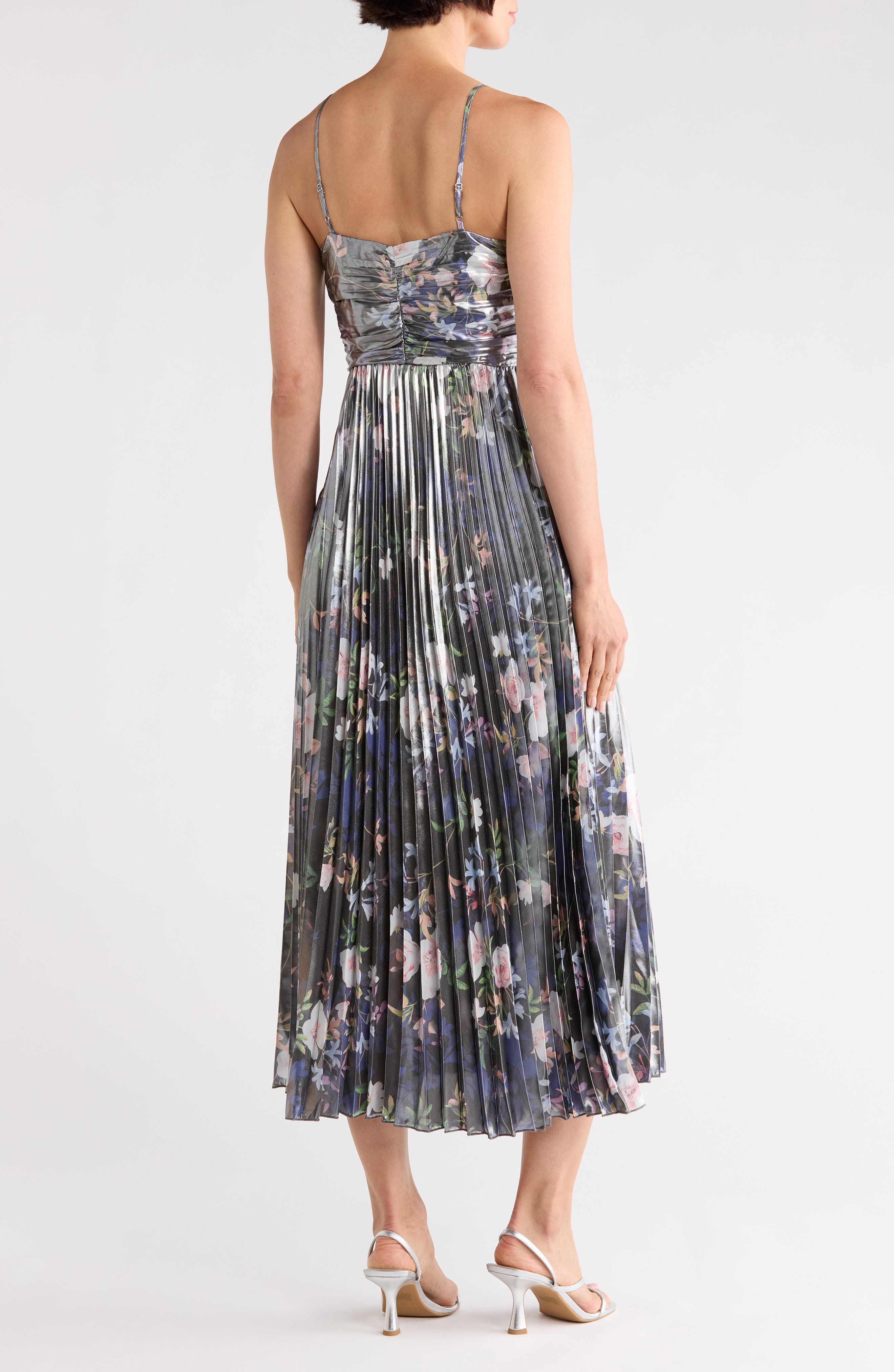 Nicole Miller Metallic Floral Empire Waist Pleated Midi Dress