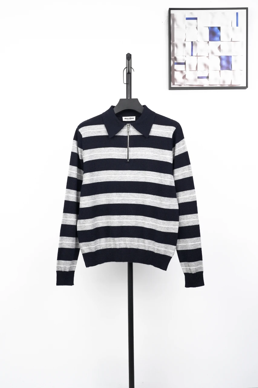 Miu Miu Navy White Stripe Logo Half Zip Sweater product photo from LabelPicks
