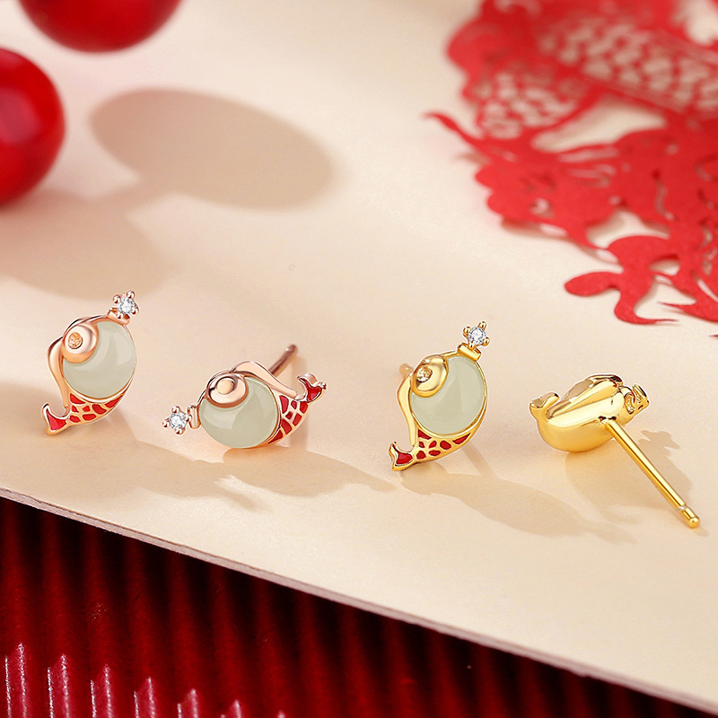Original Good Luck Koi Fish Earrings for Women, New Chinese Style National Trend Design, Hetian Jade Earrings, Yearly Abundance of Fish Ear Jewelry, 925 Silver