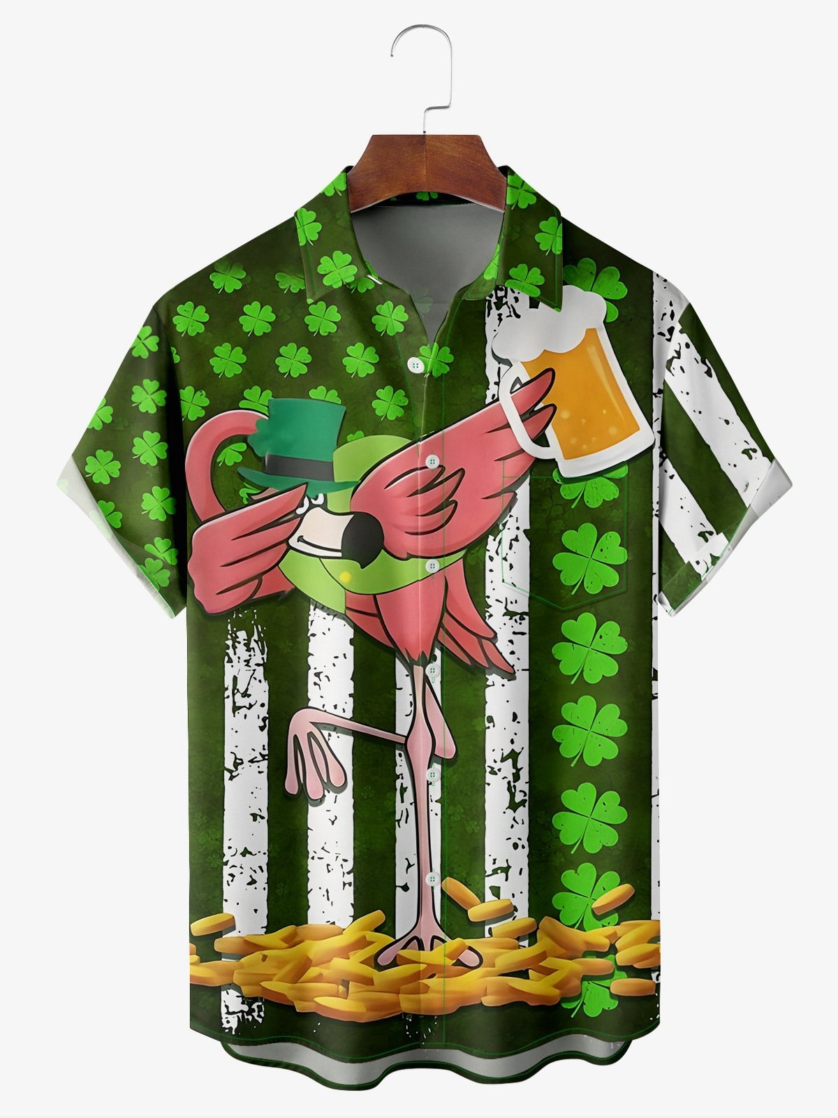 St. Patrick's Day Flamingo Chest Pocket Short Sleeve Casual Shirt