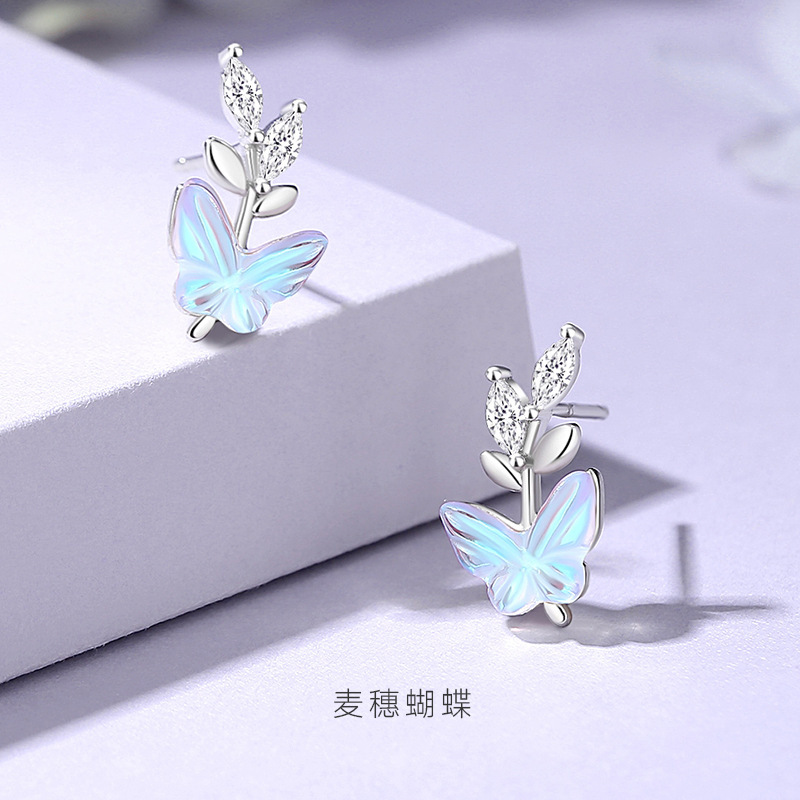 Original s925 sterling silver wheat ear butterfly earrings, summer forest style, fresh and sweet, girly earrings with butterfly and wheat ear design