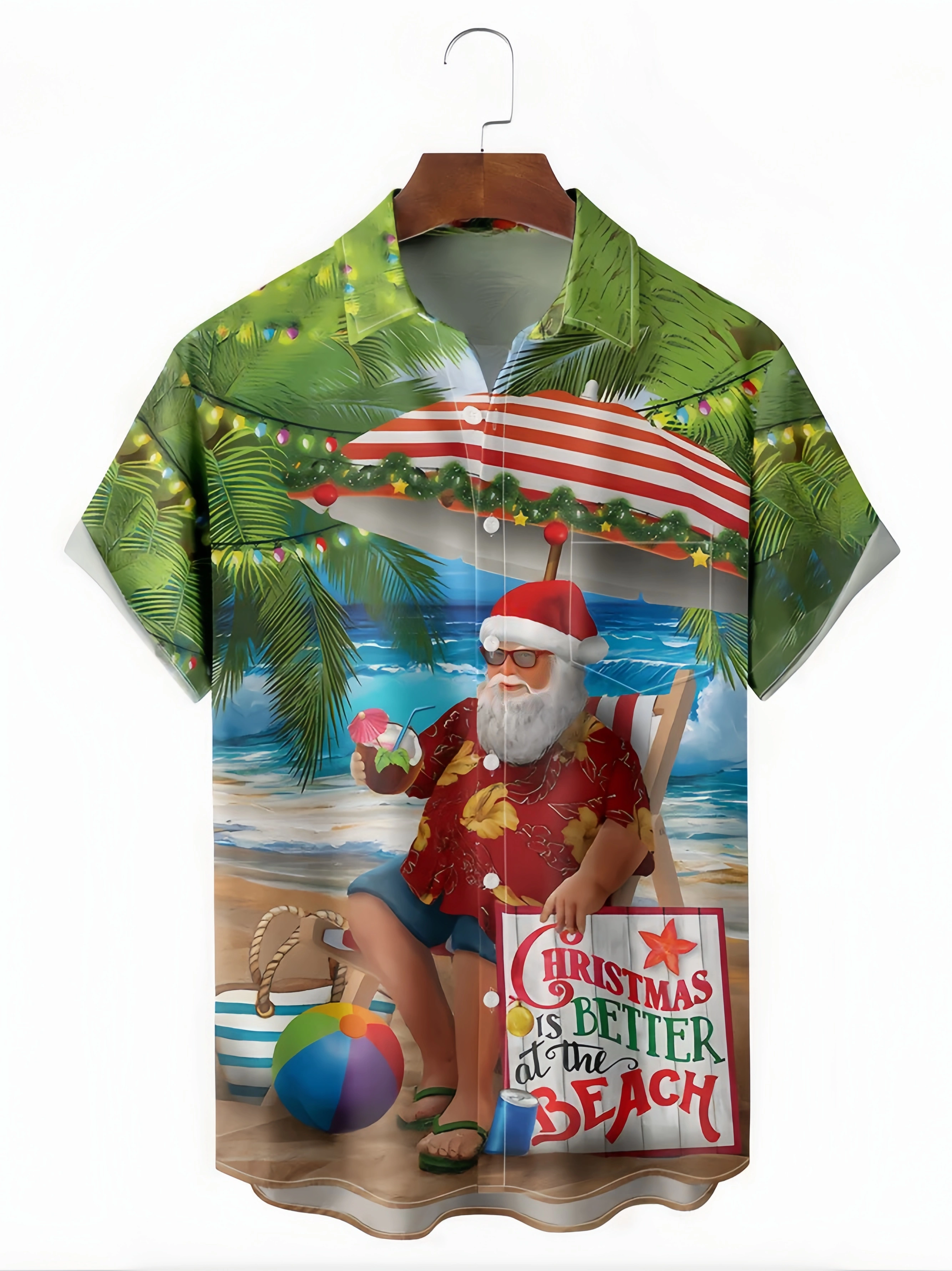 Christmas Beach Santa Chest Pocket Short Sleeve Hawaiian Shirt