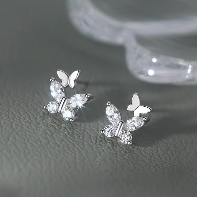Butterfly zircon earrings, 999 pure silver, summer fresh forest style, Korean niche high-end earrings, ins-style jewelry