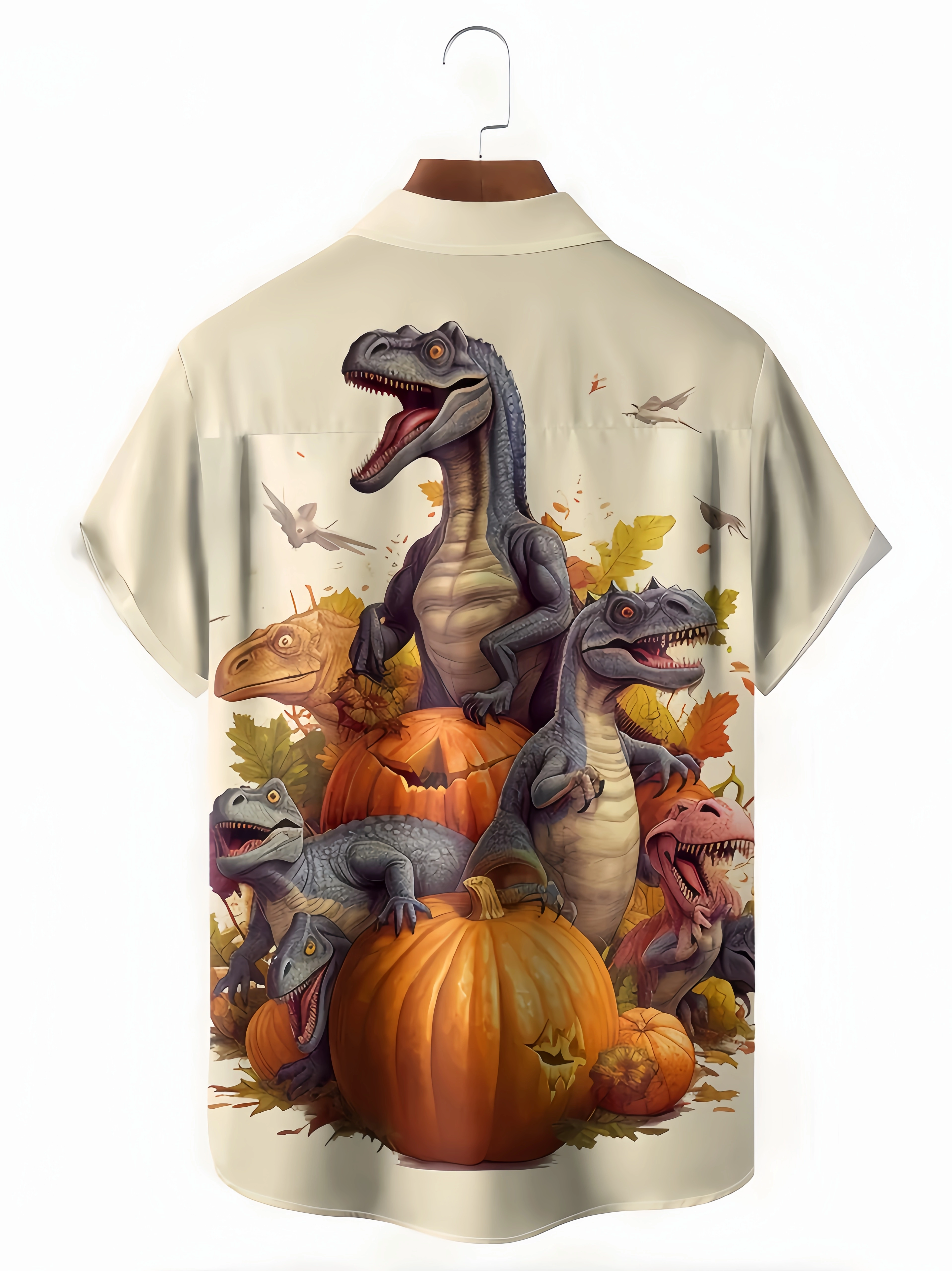 Halloween Dinosaur Pumpkin Maple Leaf Short Sleeve Shirt