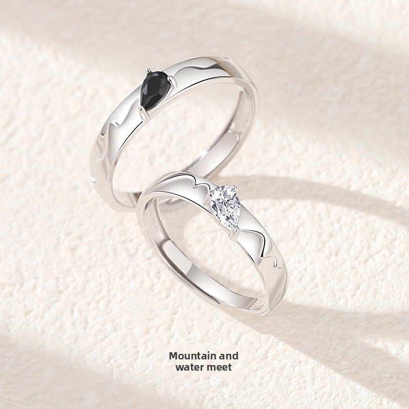 Original design, a couple's ring featuring a landscape motif, made of 925 sterling silver with a heart-shaped design and delicate cubic zirconia embellishments
