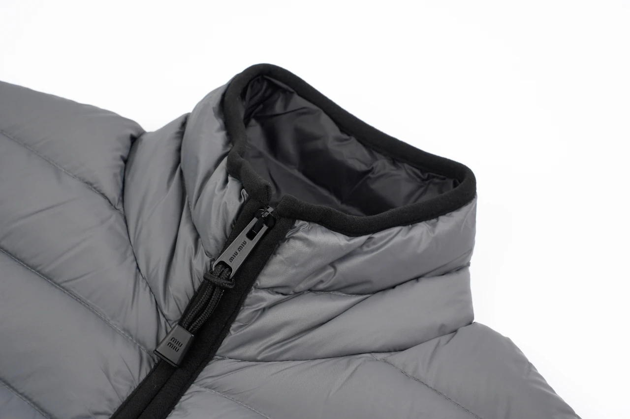 Miu Miu Matte Grey Logo Embroidered Stand Collar Down Jacket product photo from LabelPicks