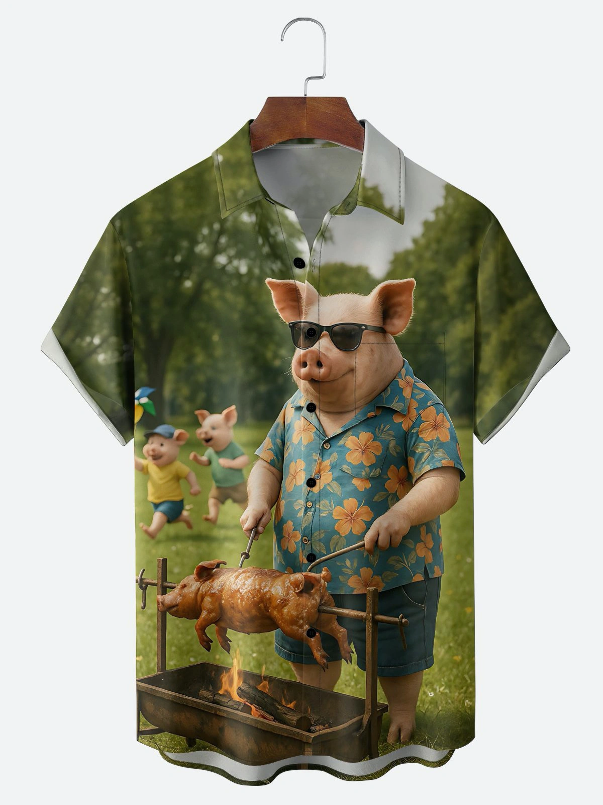 Moisture Wicking Fun BBQ Pig Print Chest Pocket Festive Hawaiian Shirt