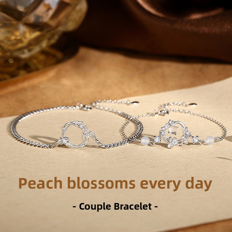 Original Peach Blossom Couple Bracelet, 925 Sterling Silver, Forest-Themed Floral Branch and Leaf Design, Perfect Gift for Best Friends, Geometric Bracelet
