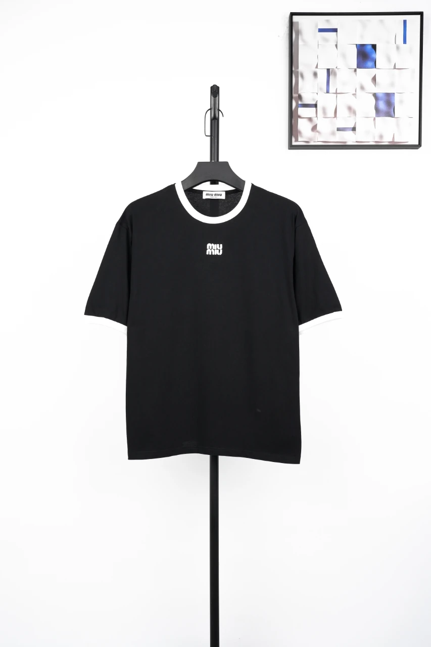 Miu Miu Black Contrast Collar Embroidered Logo Patch T-Shirt product photo from LabelPicks