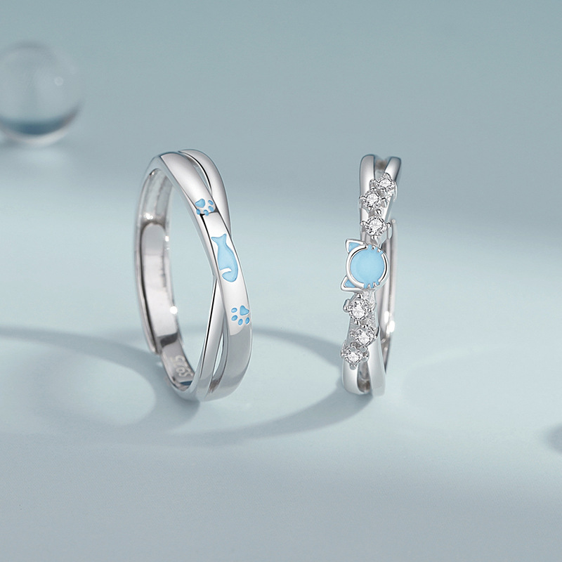 Original Cat and Fish Love Night Glow Couple Rings, Pure Silver, Unique Design, Enamel and Resin Rings, Instagram-worthy Ring Gift
