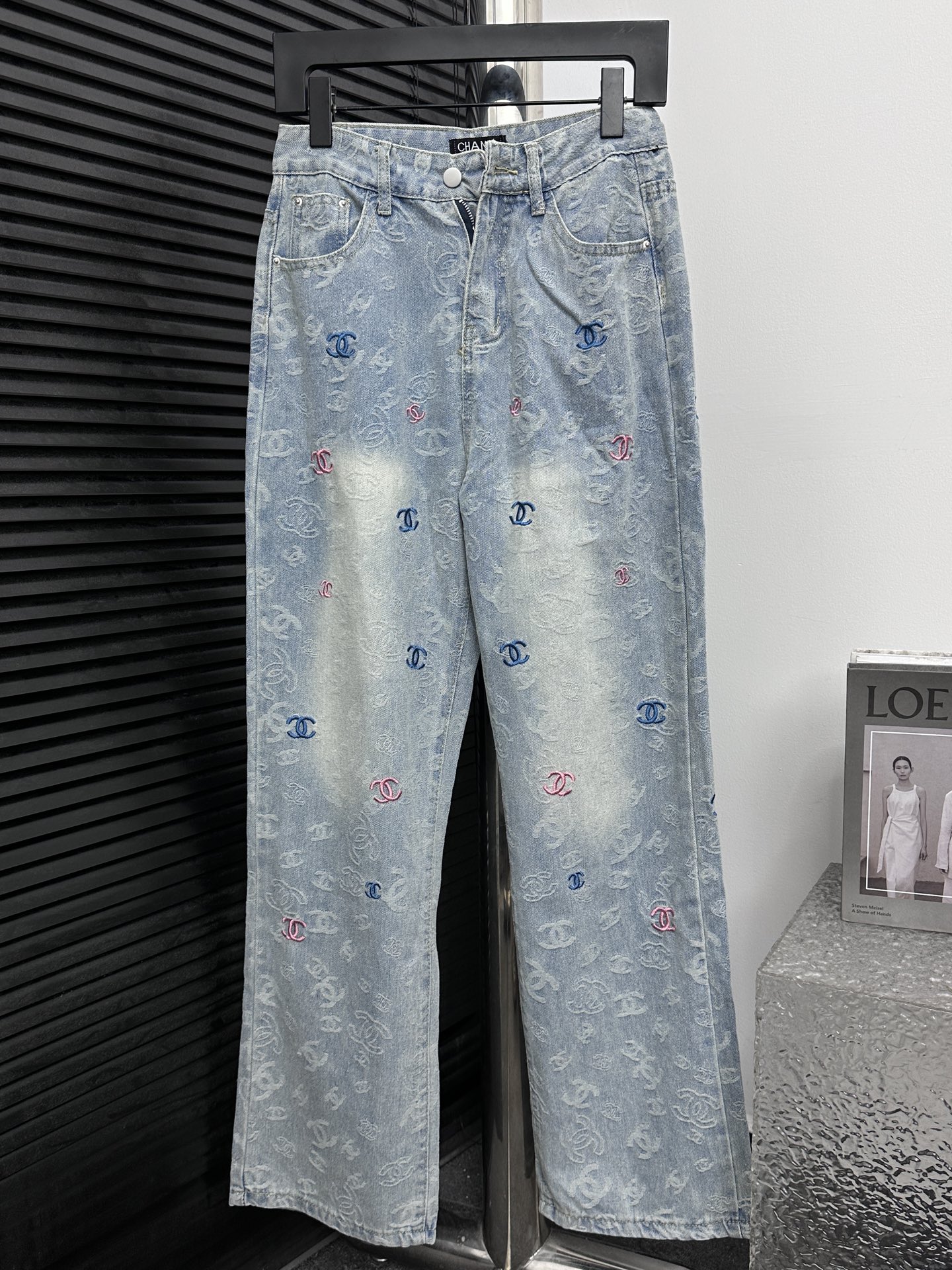 0915 Contrast color high waist washed denim pant