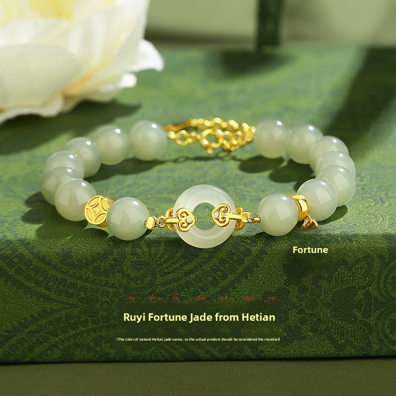 Ruyi Fortune Brand Hetian Jade Peace Buckle Bracelet for Women, Pure Silver 18K Gold, Artistic Retro New Chinese Style Bracelet