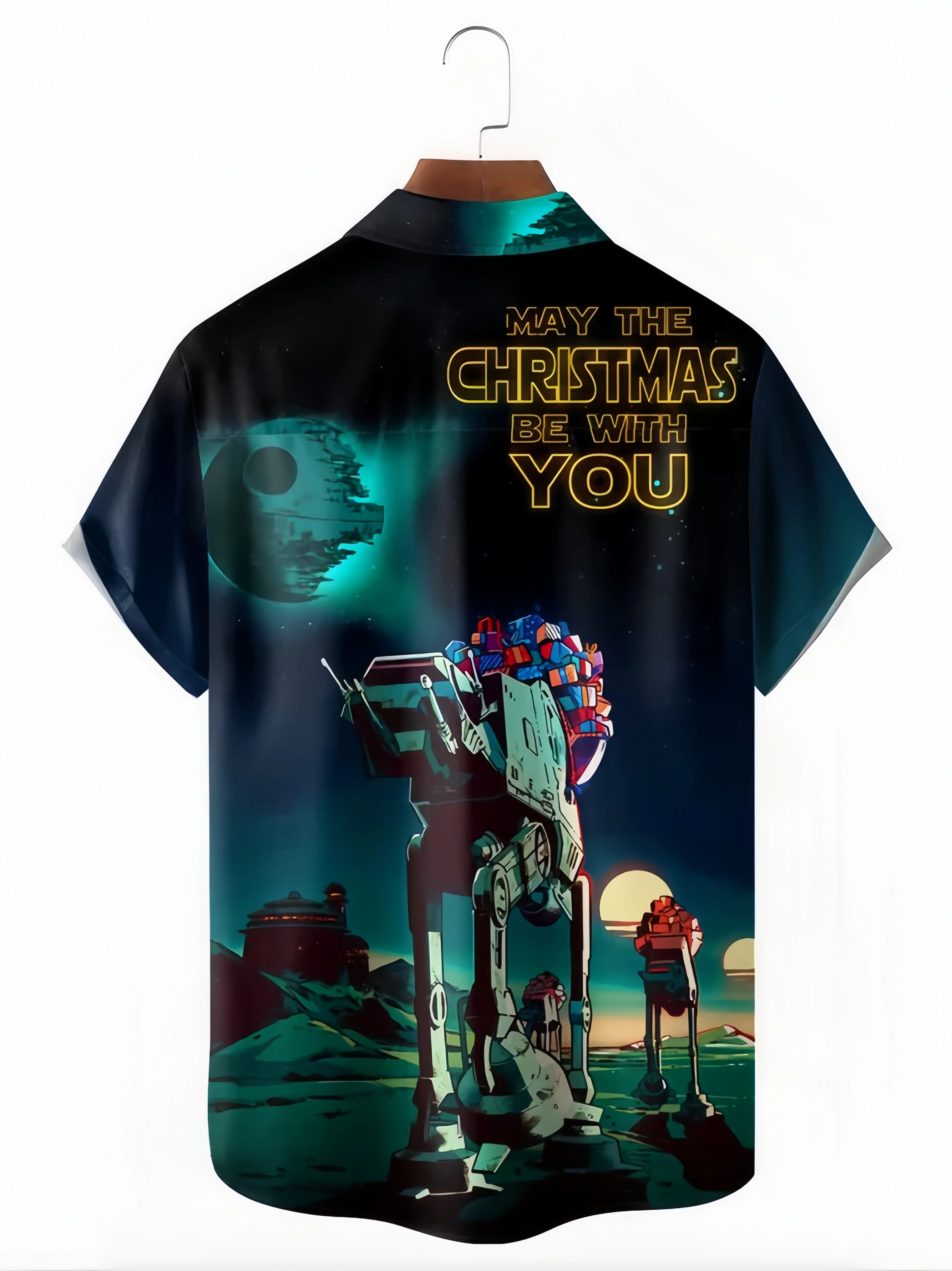 Christmas Robot Dog Chest Pocket Short Sleeve Casual Shirt