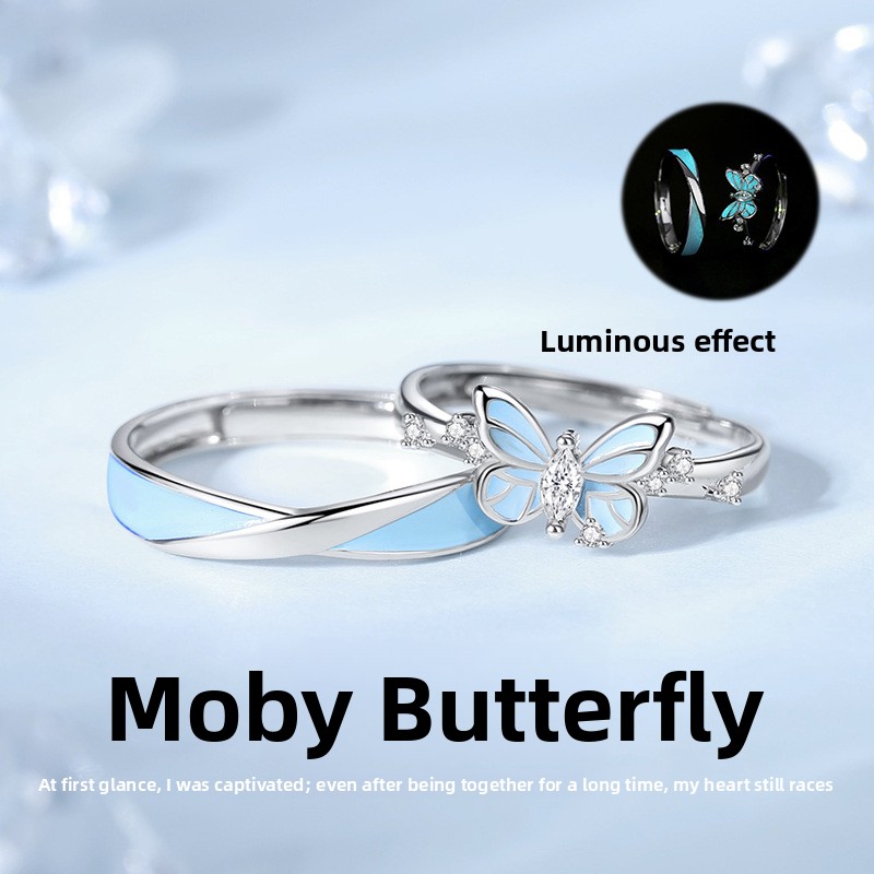 Original luminous butterfly couple rings, sterling silver, unique design, atmospheric Möbius ring with enamel accents, adjustable opening