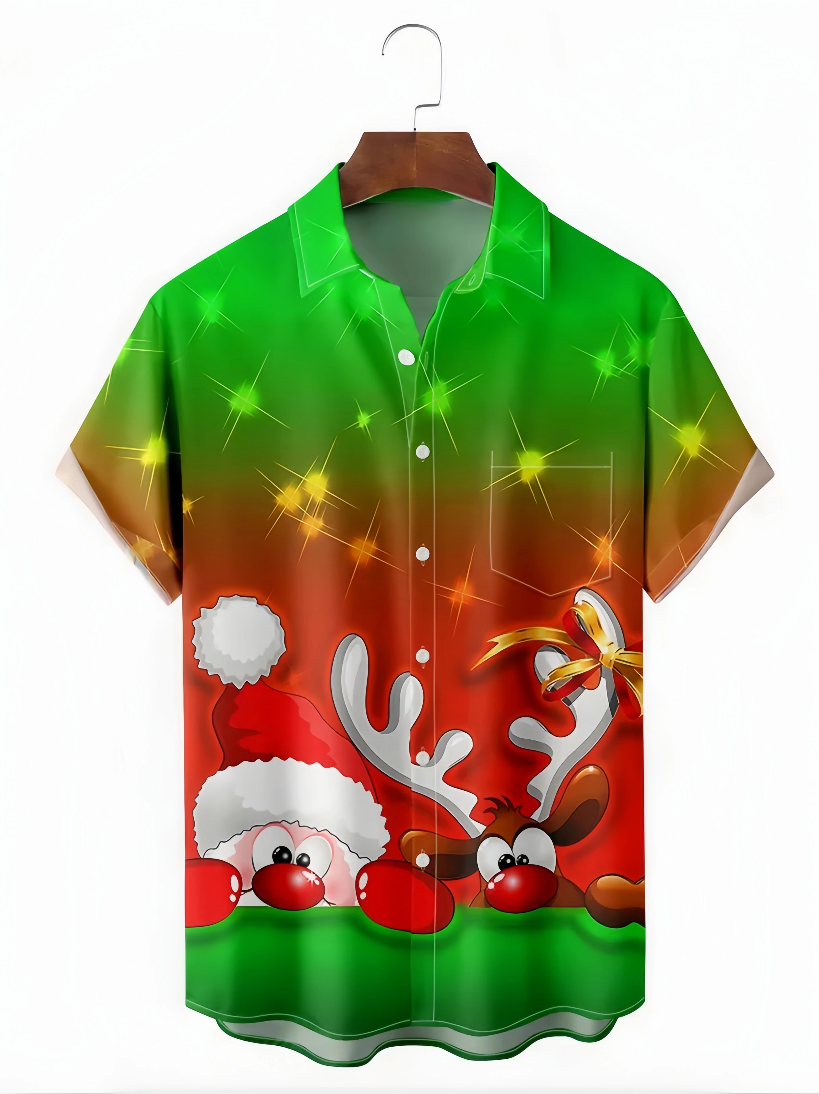 Santa Claus Christmas Deer Chest Pocket Short Sleeve Hawaiian Shirt