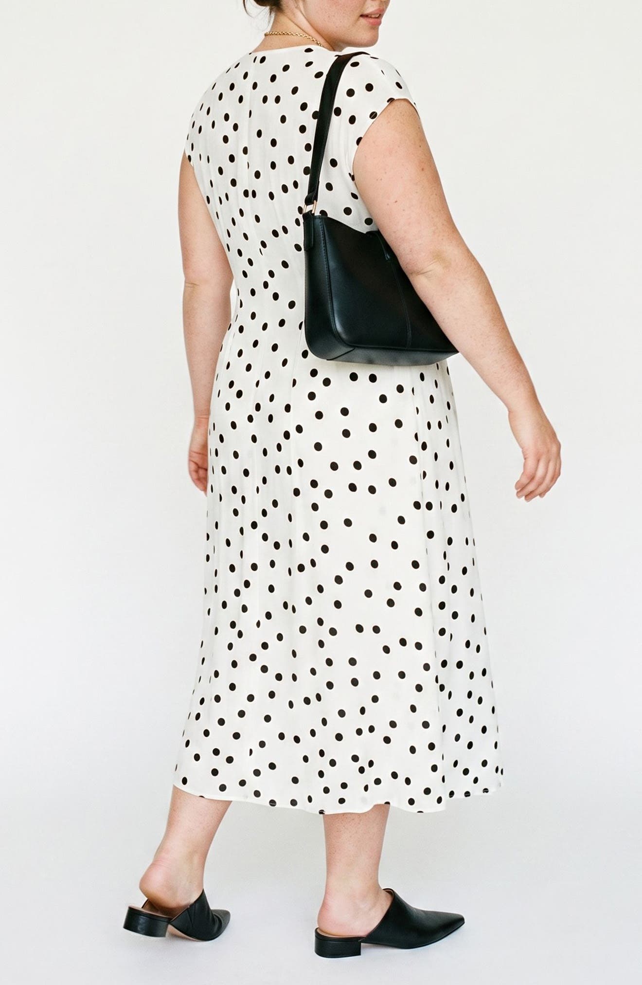 VERO MODA Dot Print Cap Sleeve Button Front Midi Dress