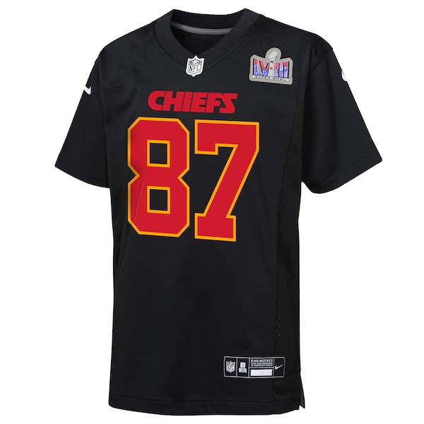 Travis Kelce Kansas City Chiefs Nike Youth Super Bowl LVIII Patch Carbon Fashion Game Jersey - Black